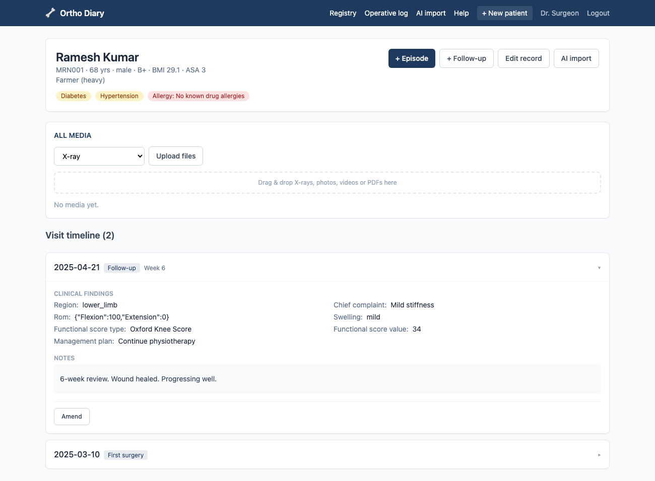 Patient profile with visit timeline, comorbidity flags and media upload