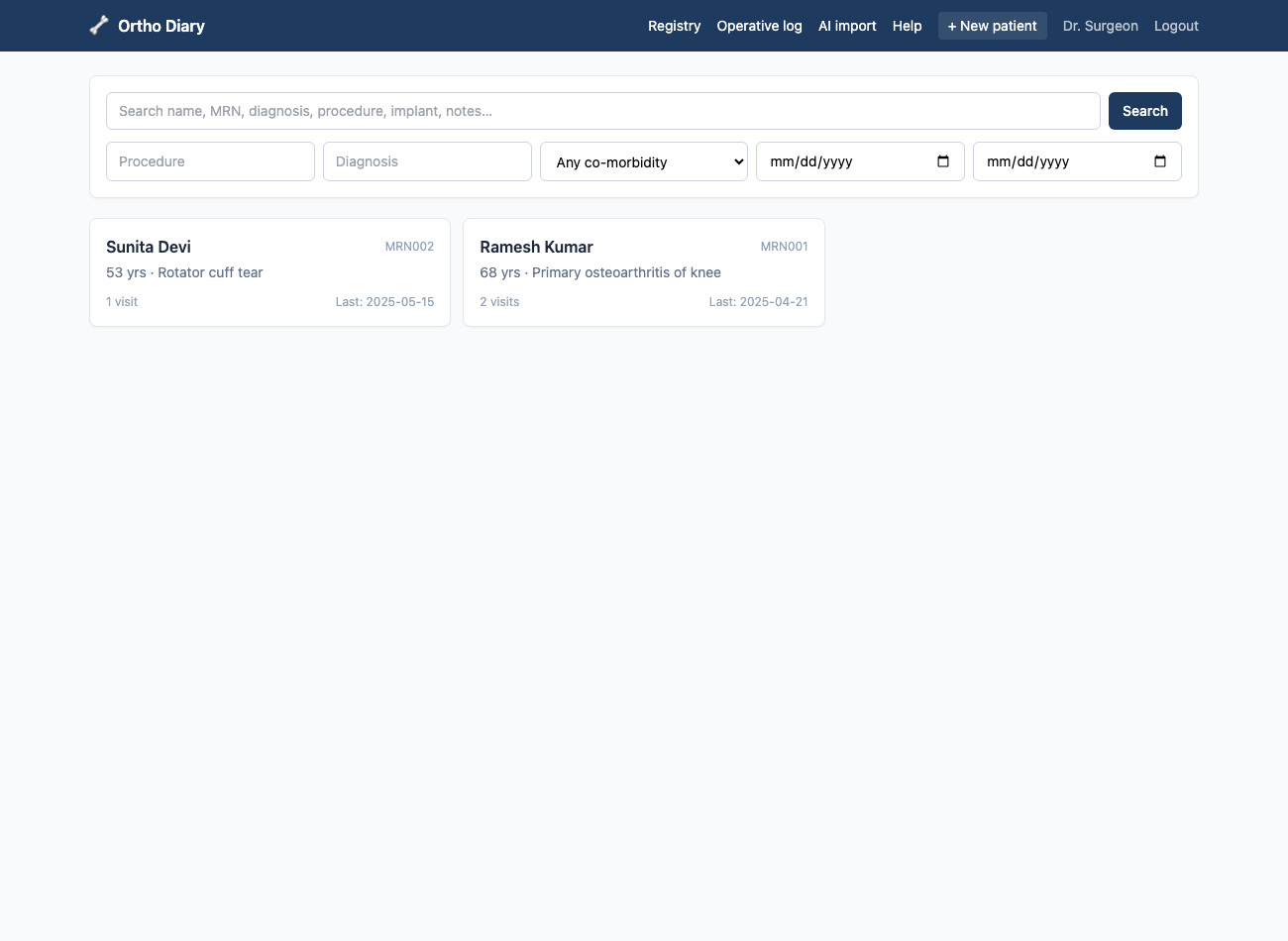 Patient registry with full-text search and filter bar
